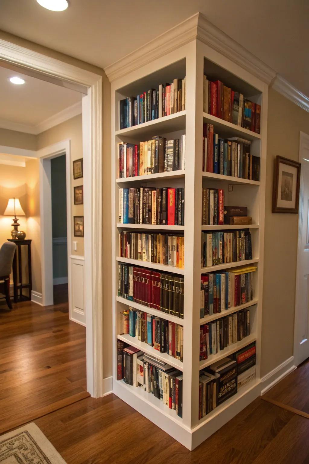Corner bookshelves use space well.