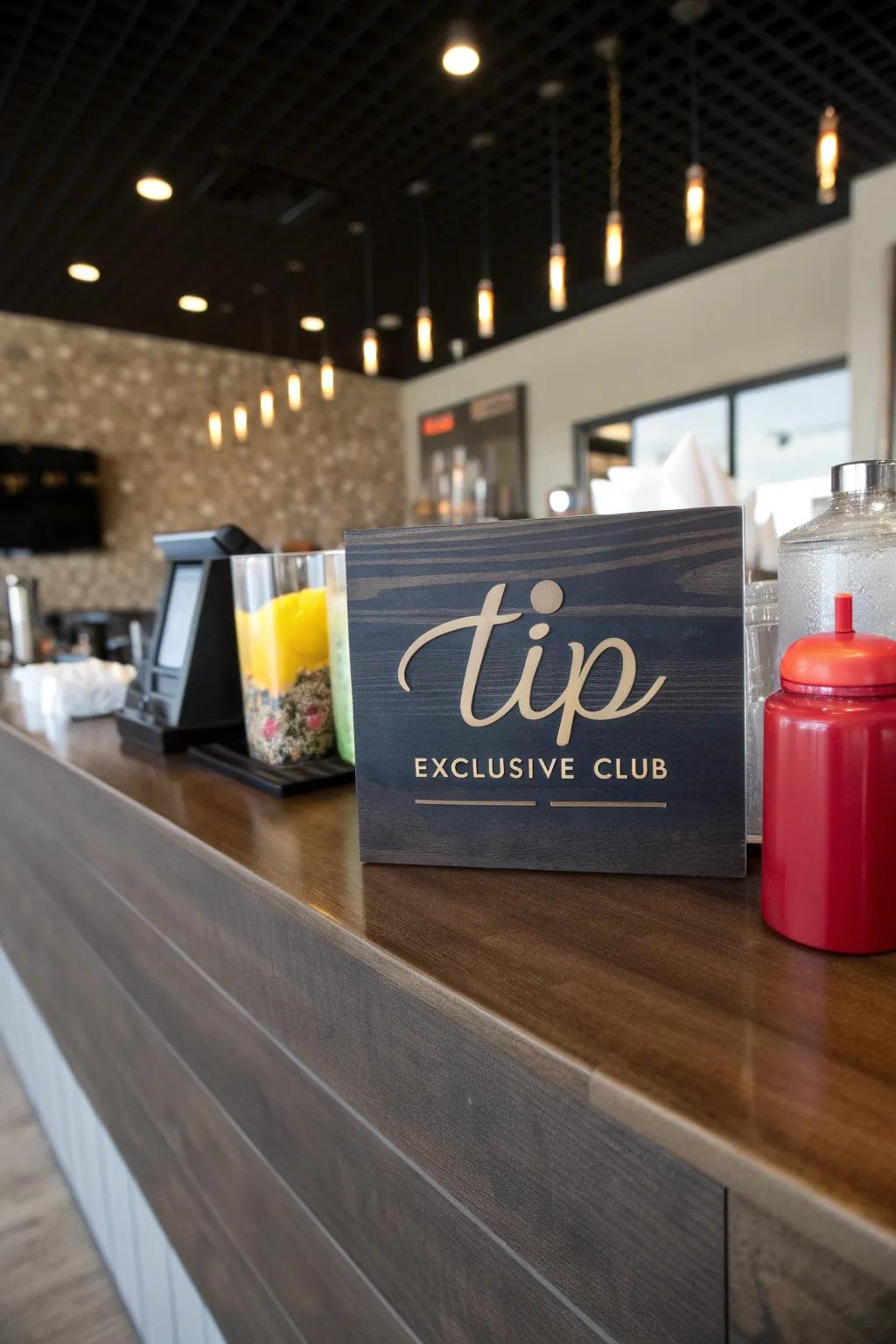 A tip jar inviting patrons to join an exclusive club