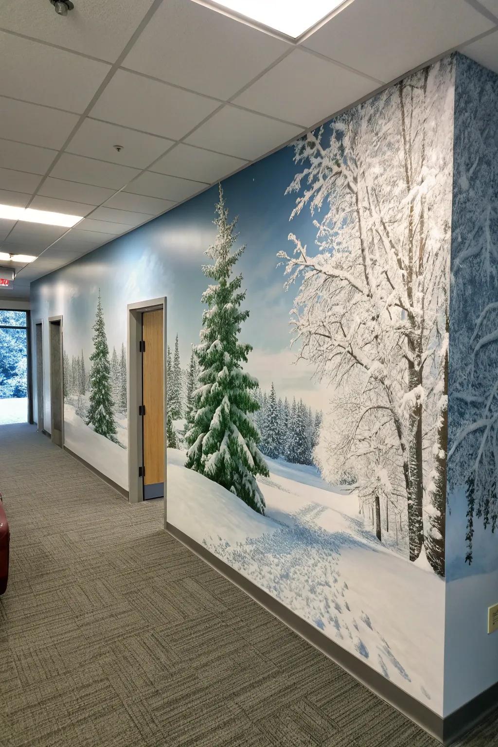 A wintry scene depiction transforms office walls into a festive panorama.