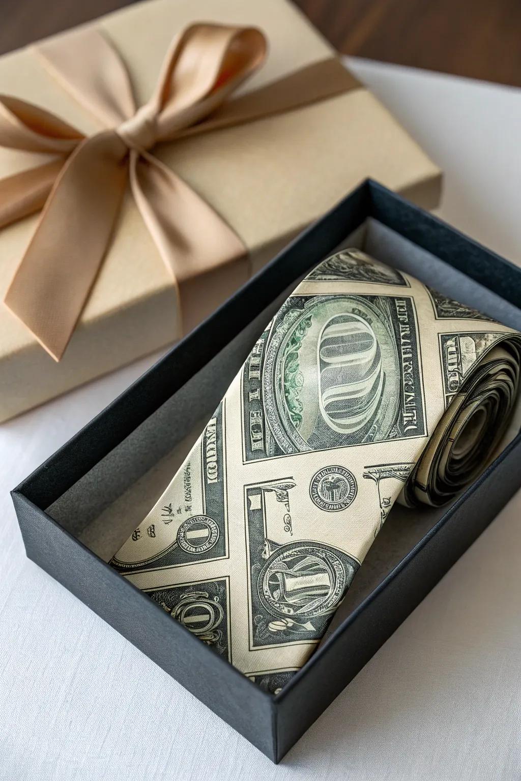 A clever financial cravat for the humor-cherishing receiver.