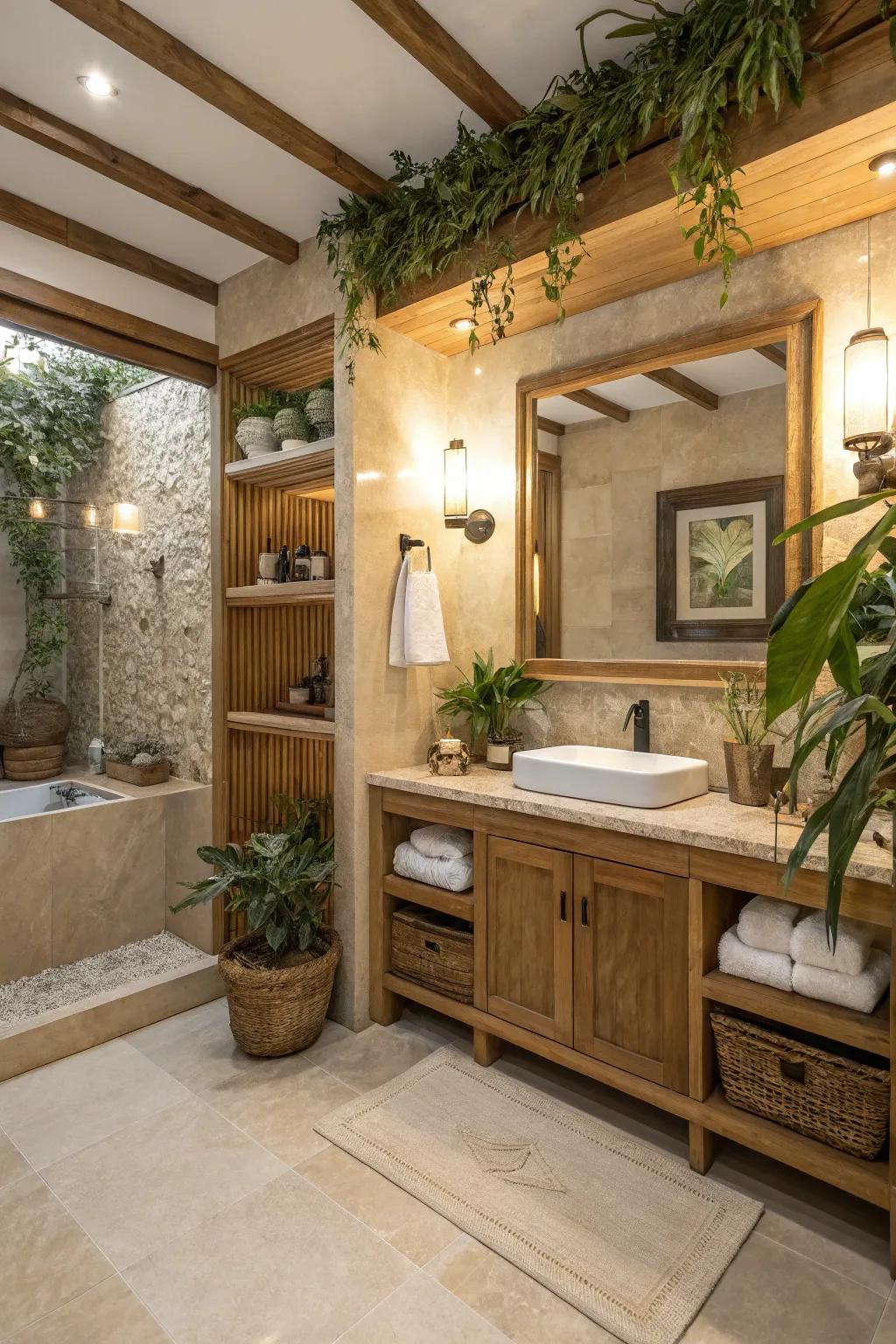 Organic components invigorate a crema marfil bathroom.