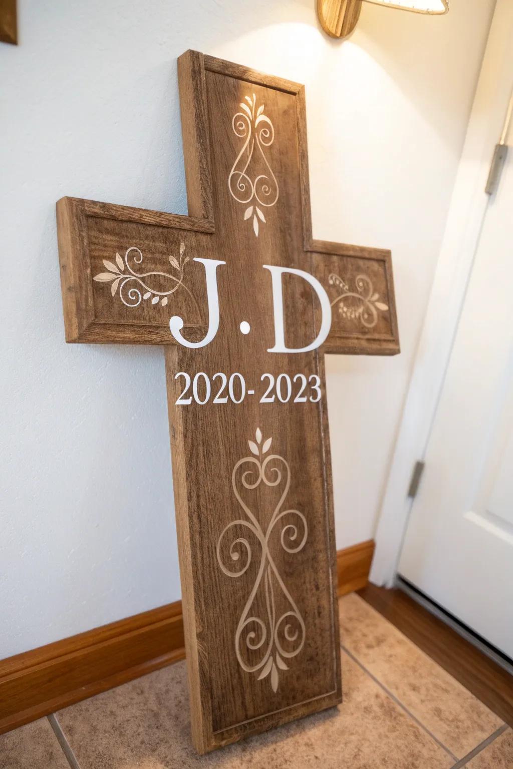 A customized cross adding a heartfelt element to decor.