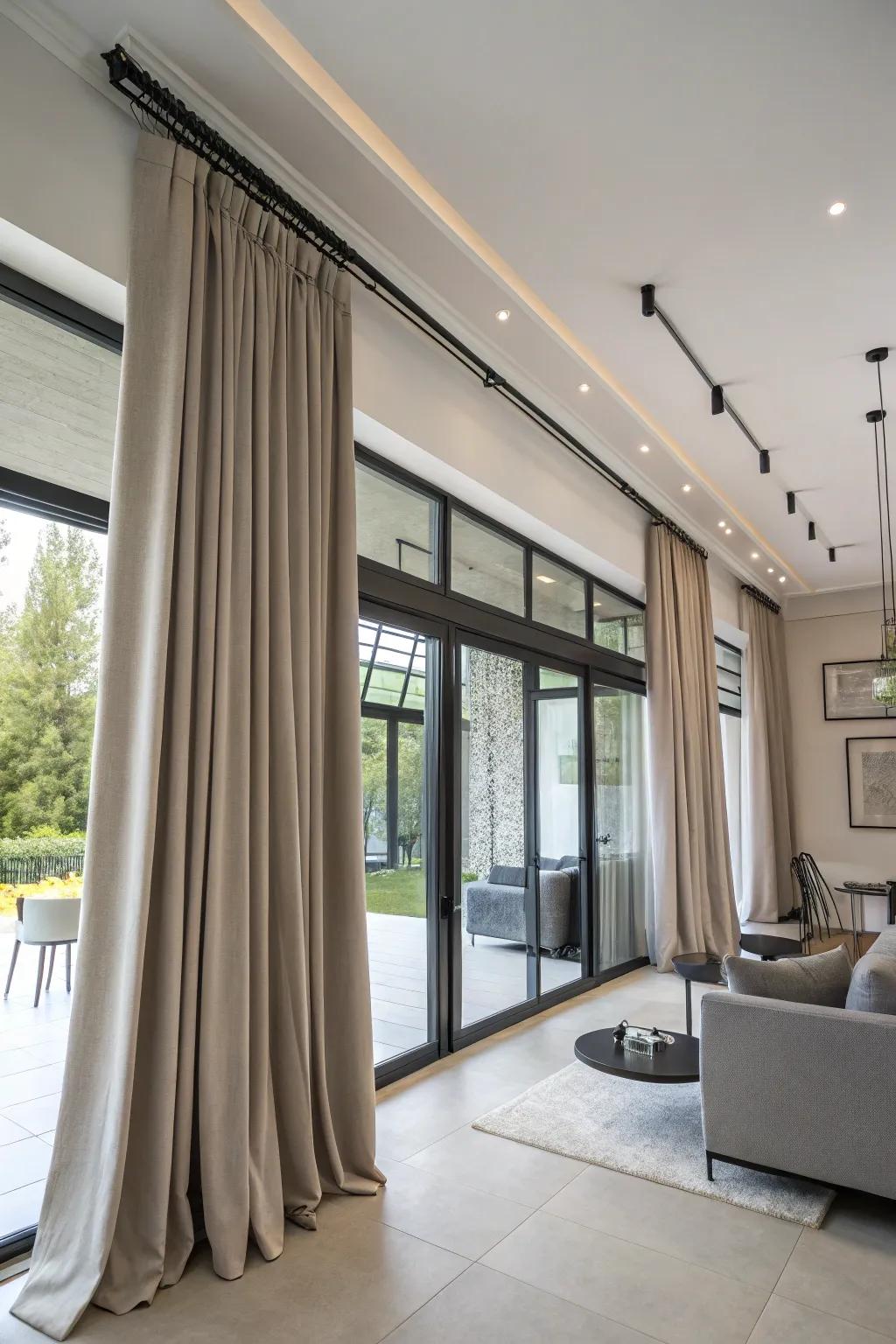 Ceiling-mounted curtain rods make rooms appear more spacious.