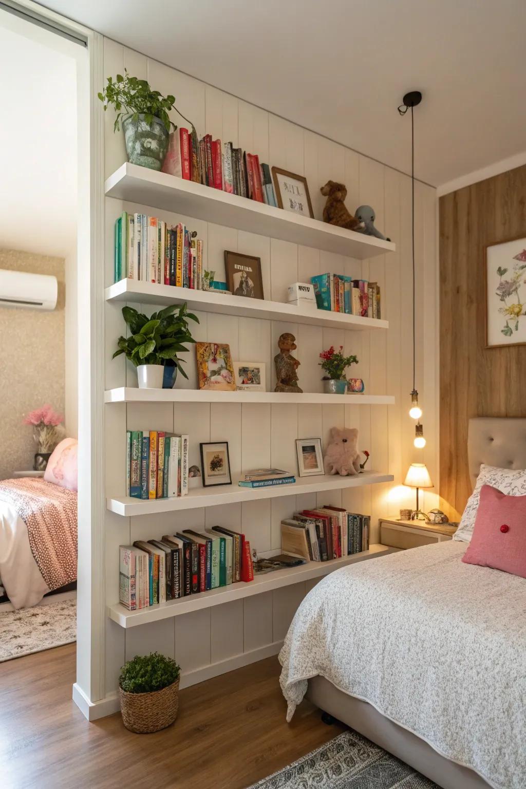 Upright storage solutions maintain the setting organized and spacious.