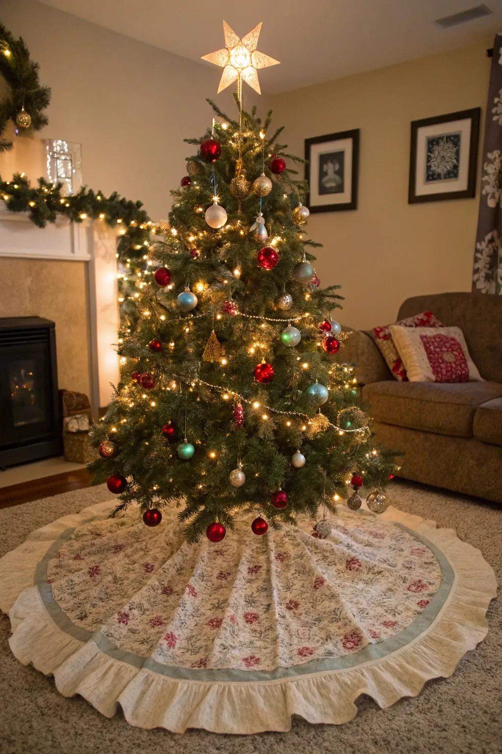 A DIY tree skirt adds a custom touch to holiday decor.