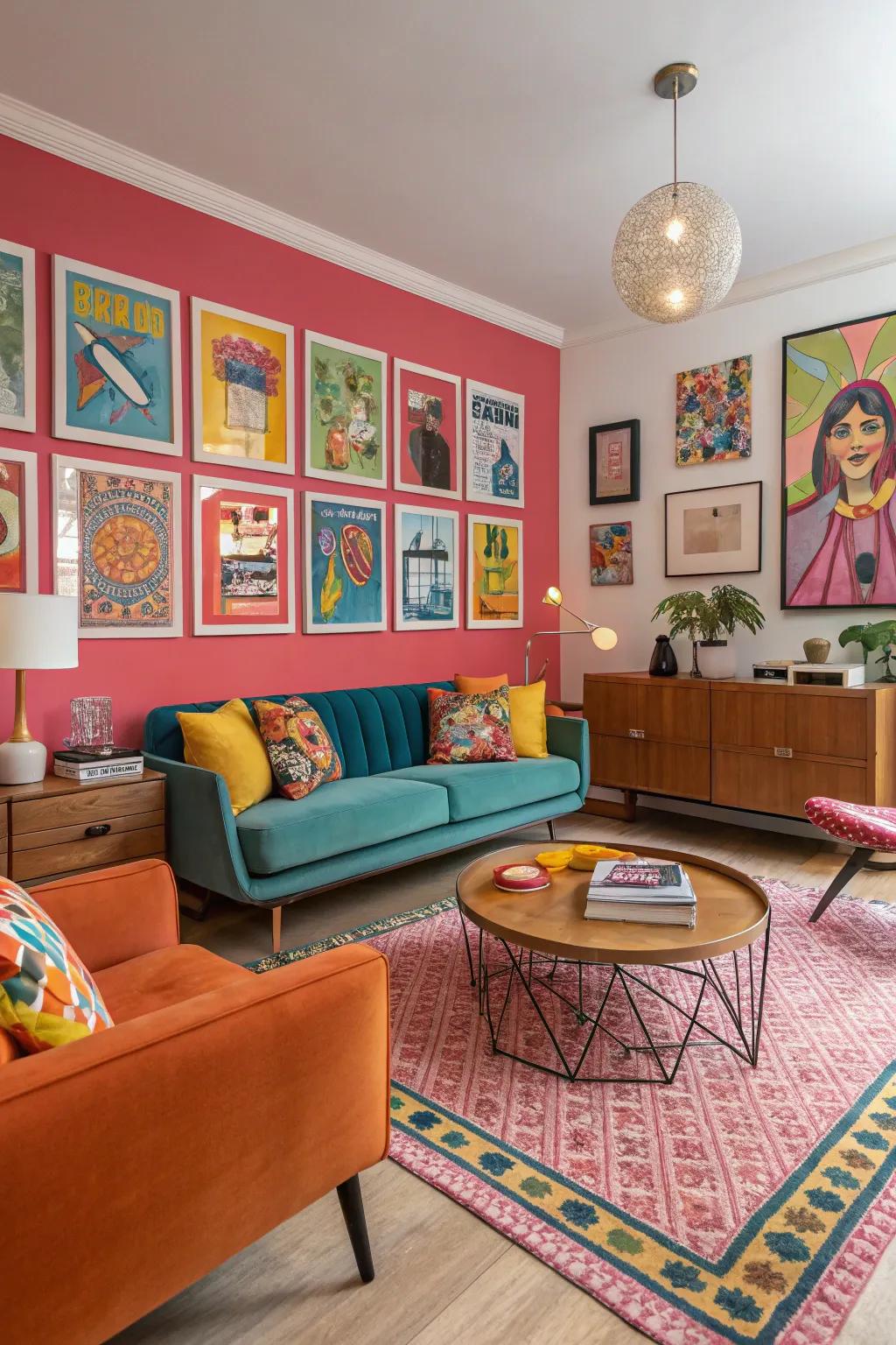 Retro revival art injecting dynamic energy into a gathering space.