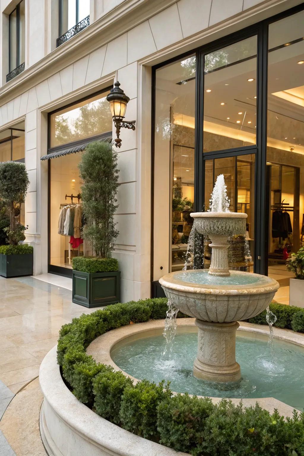 A storefront enhanced by a small fountain, adding tranquility and elegance.