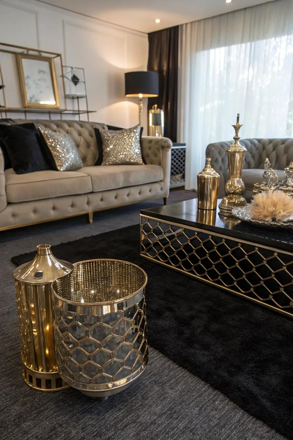 Metal touches that add a hint of glamour to a room with dark carpet.