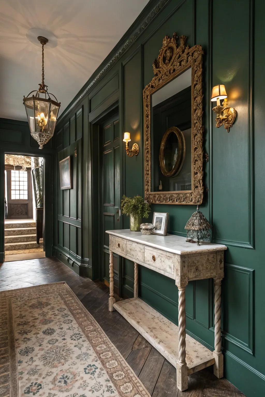 Vintage elements bring charm to the dark green hallway.