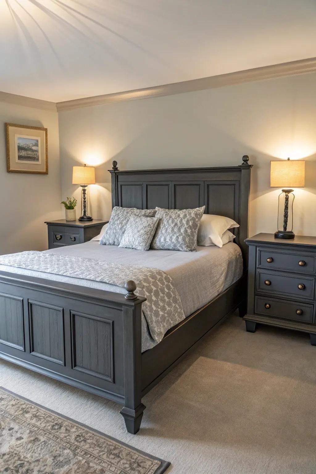 A gray-themed bedroom benefits from symmetry's balance and tranquility.