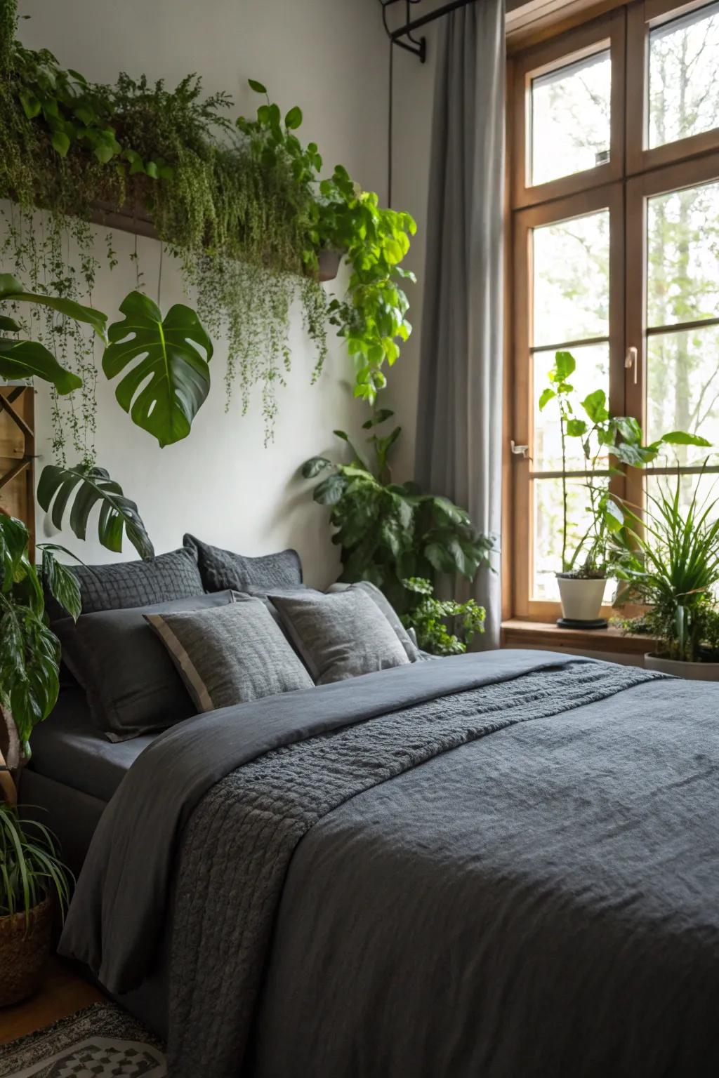 Vegetation adds freshness and vitality to deep charcoal bedding.
