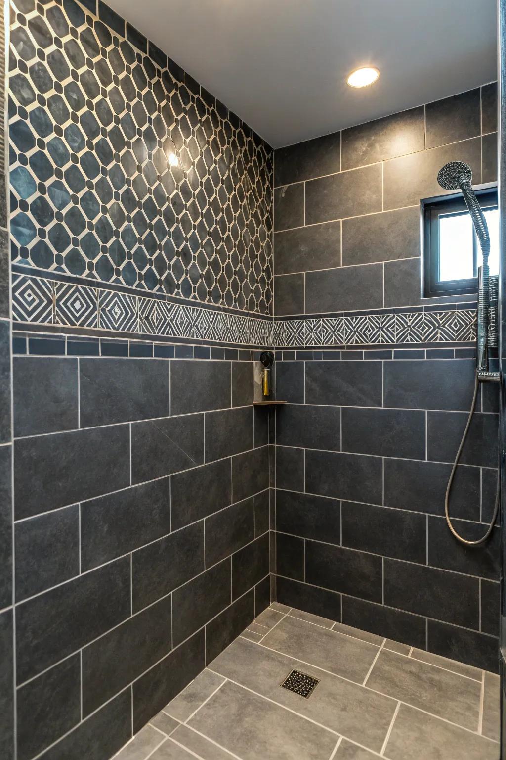 A distinctive touch is provided to deep charcoal tiles by patterned grout.