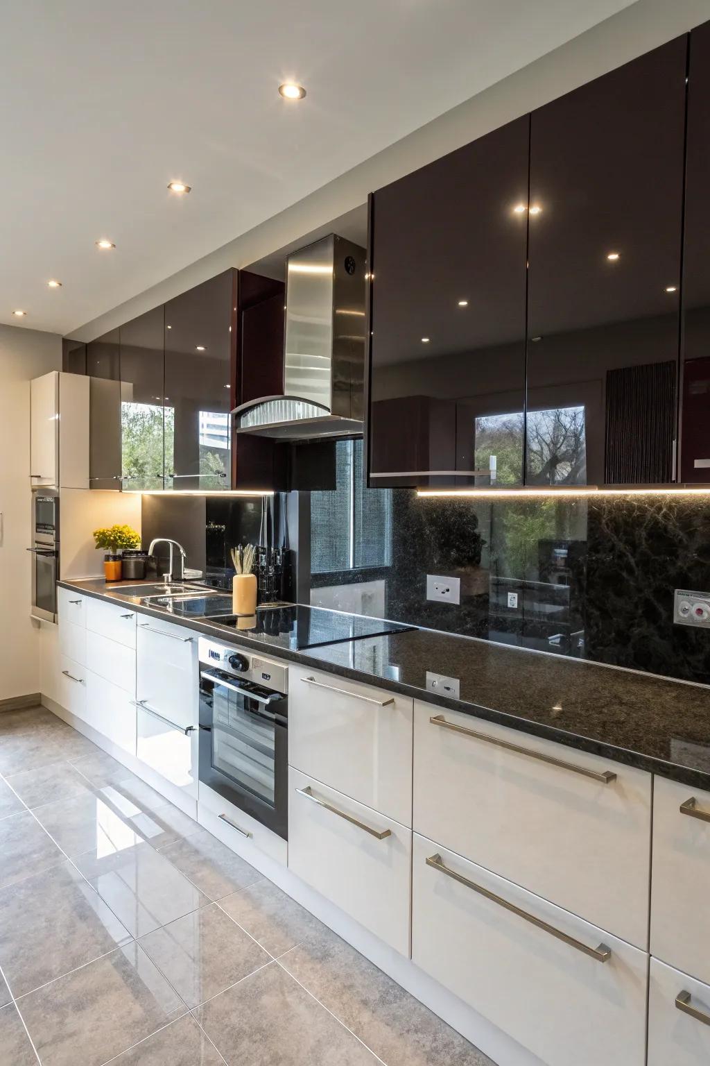 A chic kitchen featuring a dark glass backsplash that enhances light and space.