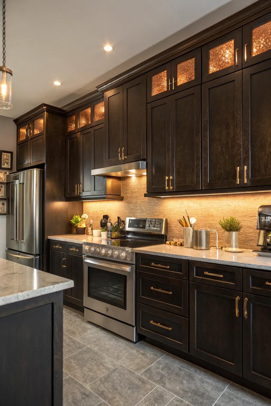 Warm metallic accents add luxury and warmth to the kitchen.