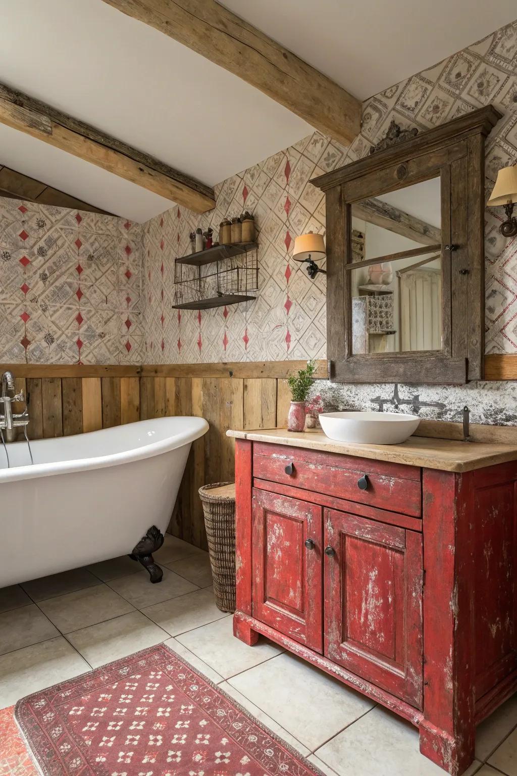 Rustic red elements add warmth and character to a farmhouse bathroom.