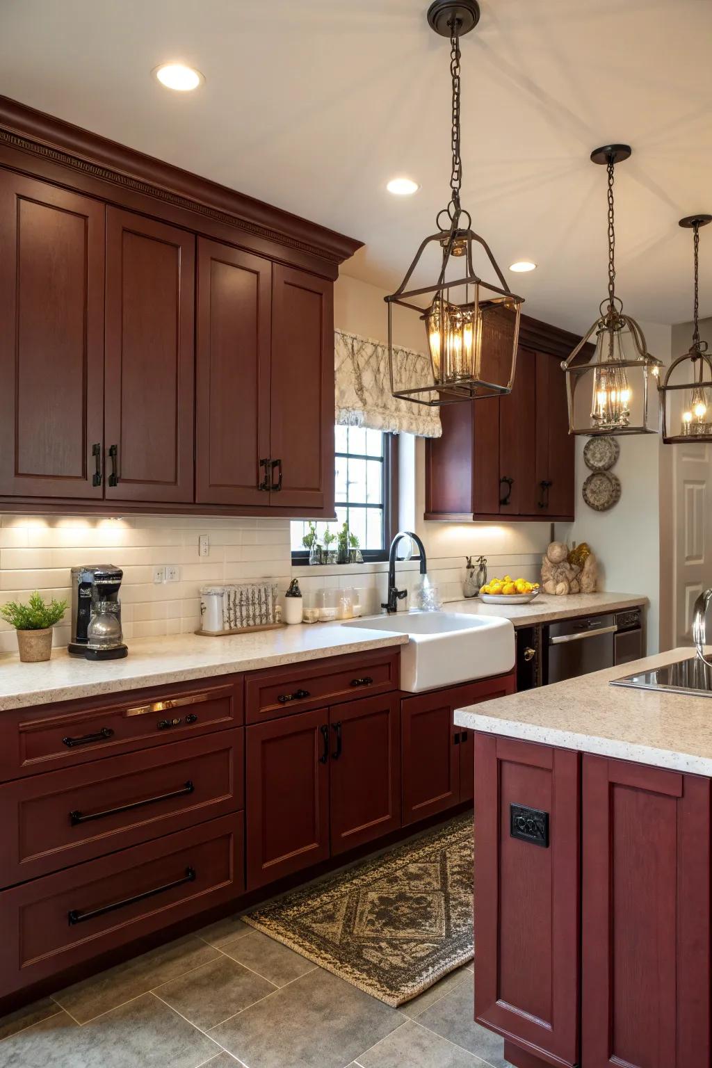 Charming kitchen with dark red cabinets and vintage touches.