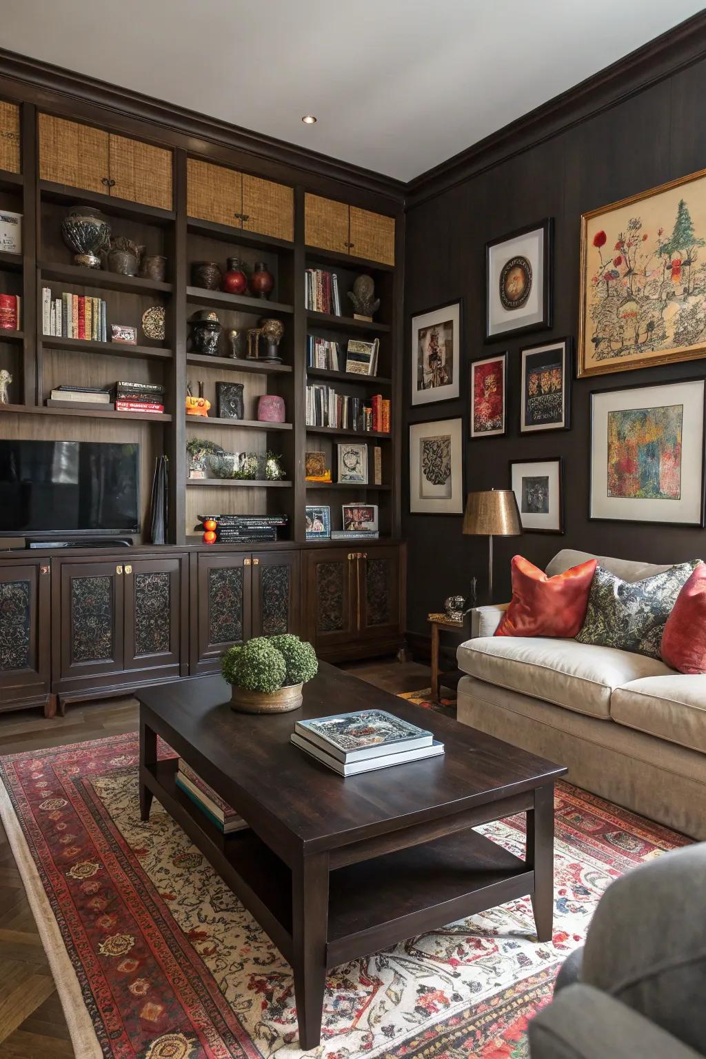 An eclectic mix of styles makes deep-toned wood interiors intriguing.