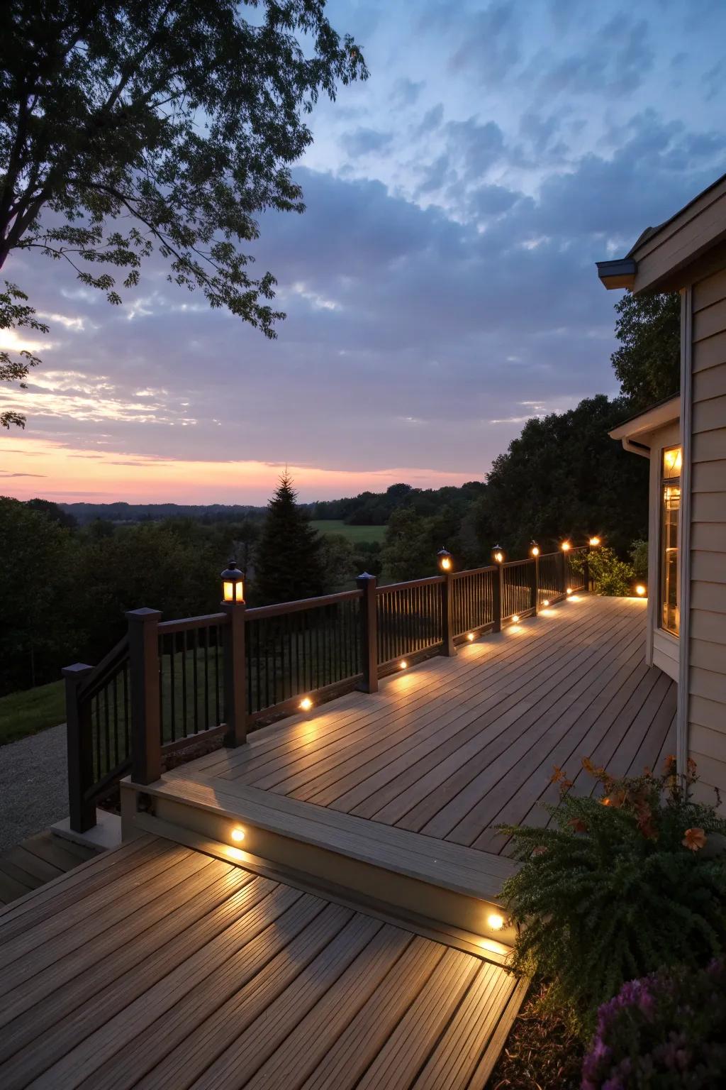 Buried lighting casts a comforting glow, enhancing the deck's atmosphere.