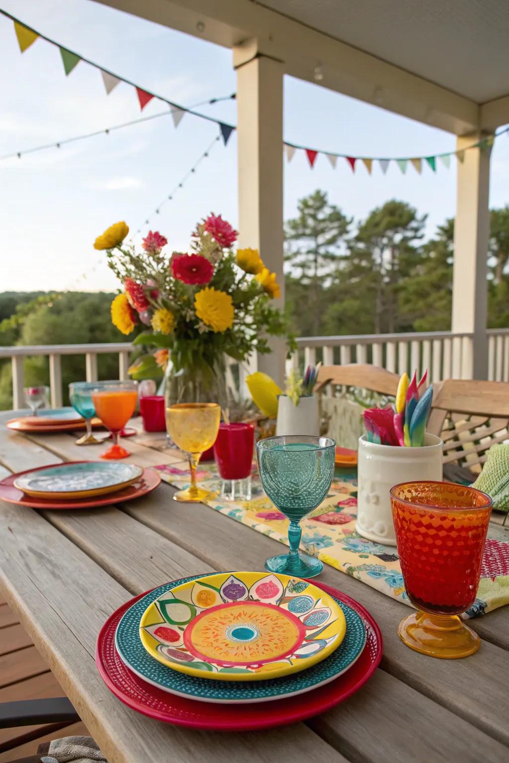 Vibrant table decor adds a pop of color to your deck design.