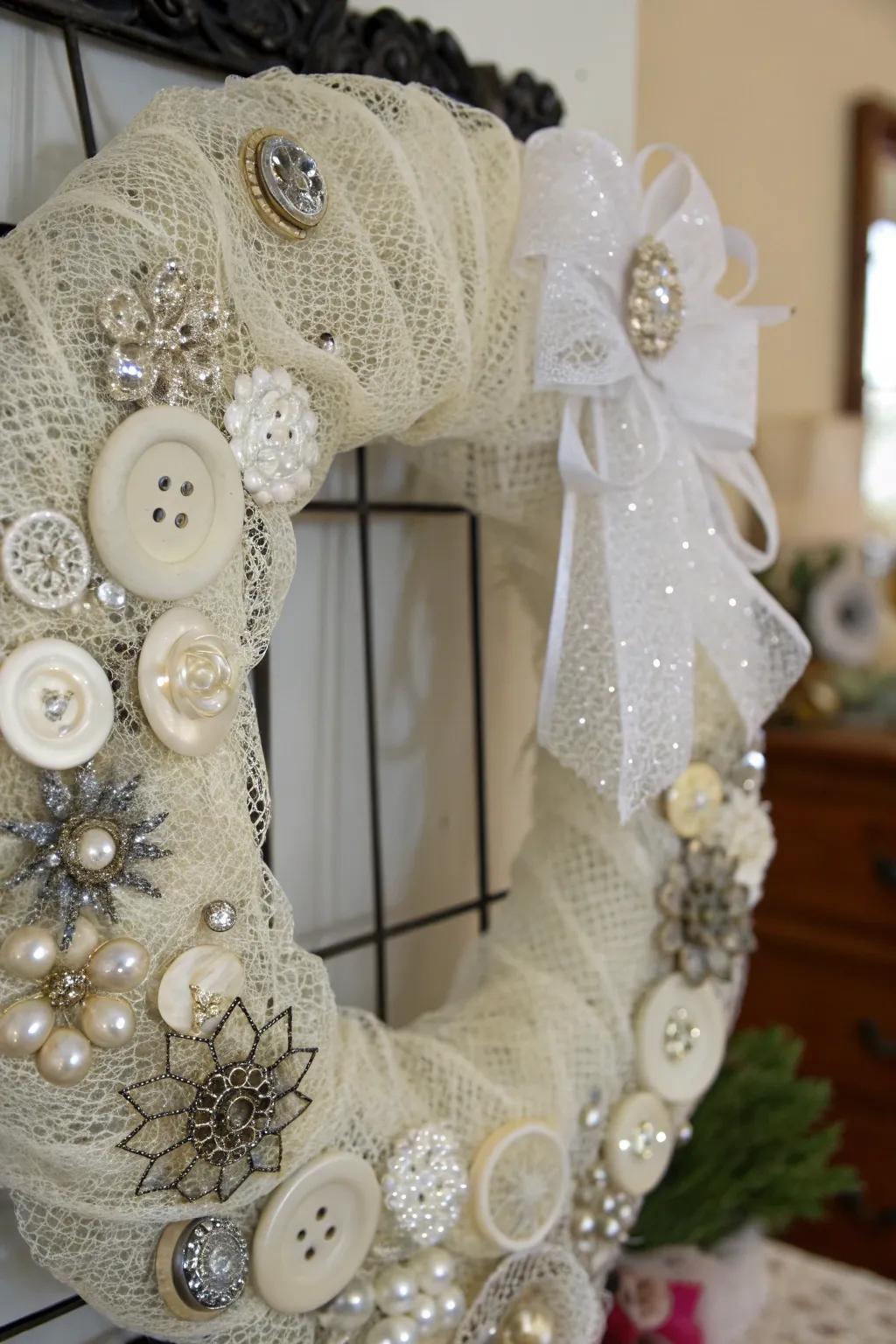 Vintage accents add nostalgic charm to this unique wreath.