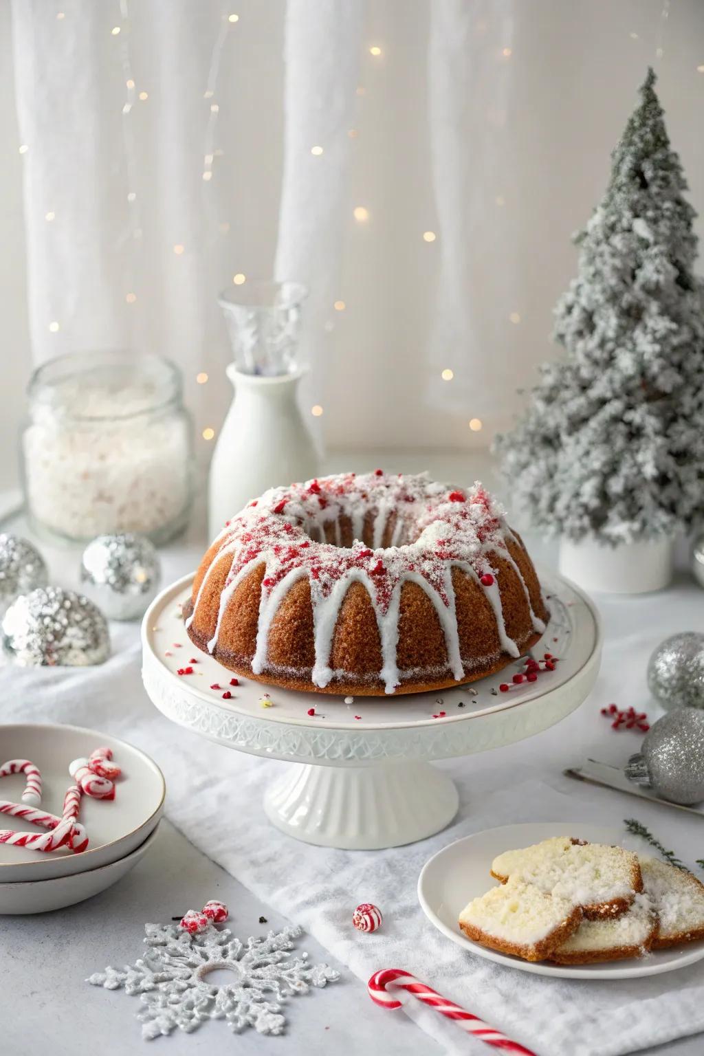 A bundt cake topped with festive candy canes.