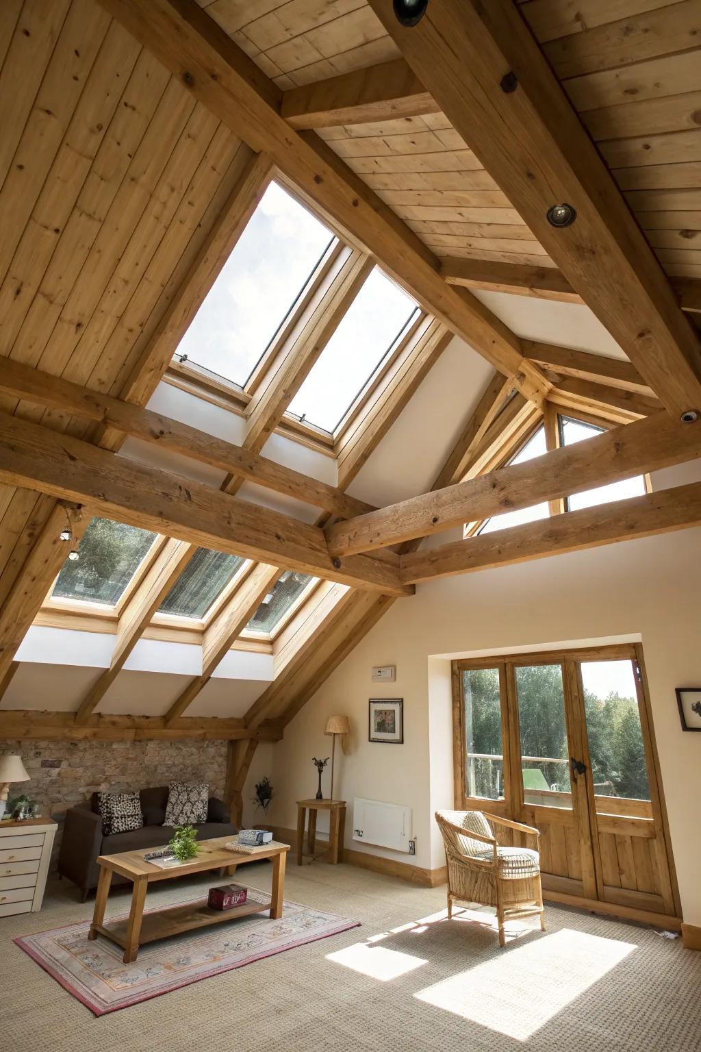 Beams paired with skylights enhance natural light beautifully.