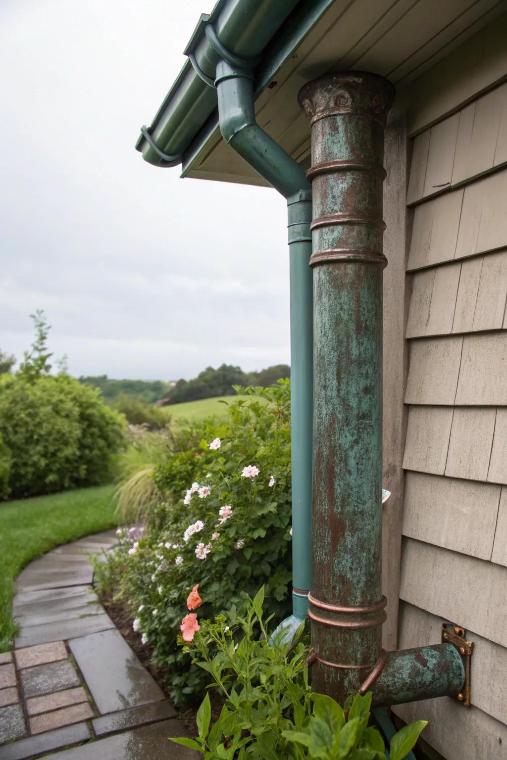 Bronze downspouts radiate lavish elegance and visual intrigue.