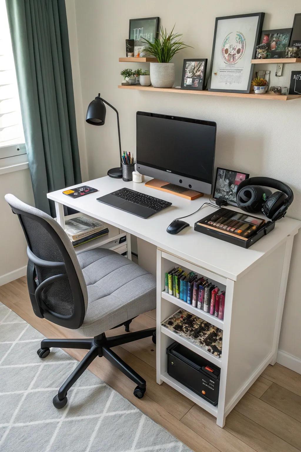 A multi-functional desk adapts to various activities.