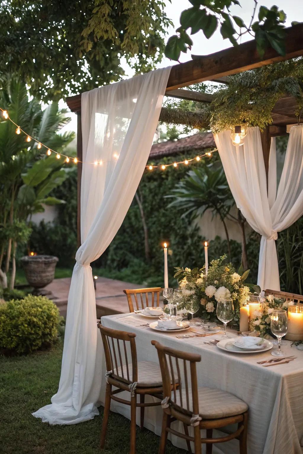 A chalky draped awning for a dreamy, intimate eating experience.