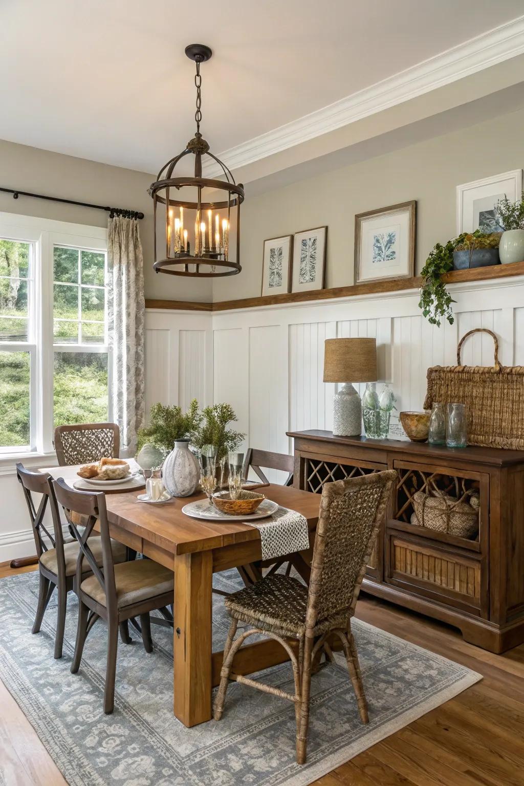 Rustic wood paneling adds warmth and texture.