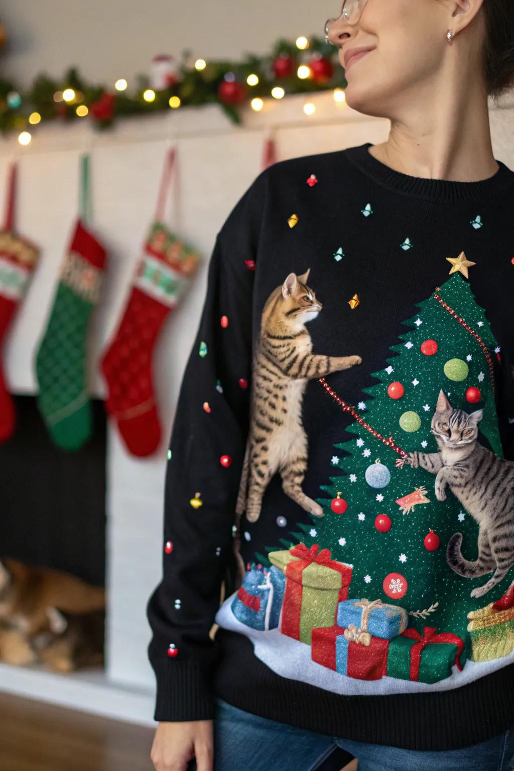 Felines causing festive fun on a playful sweater.