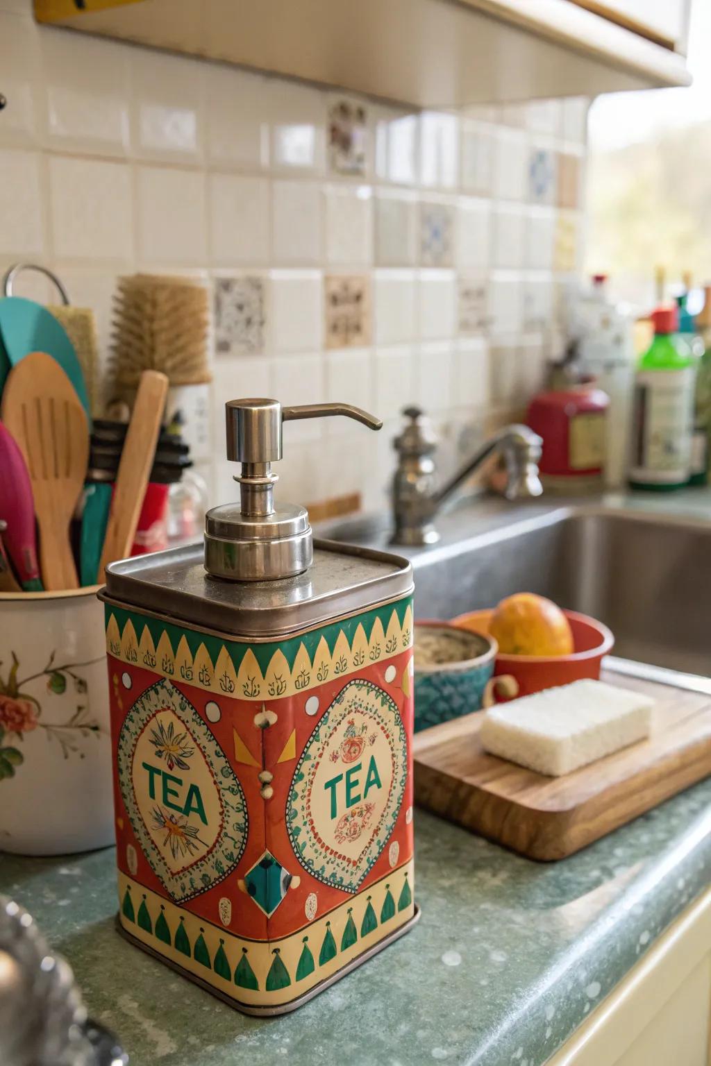 Vintage tea containers contribute playfulness and nostalgia.
