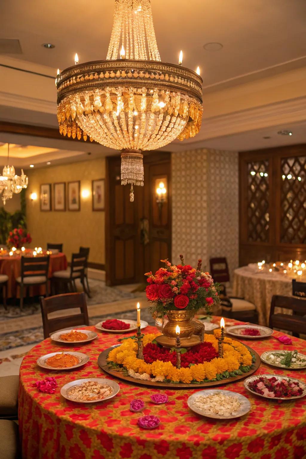 A hanging light adds opulence and grandeur.