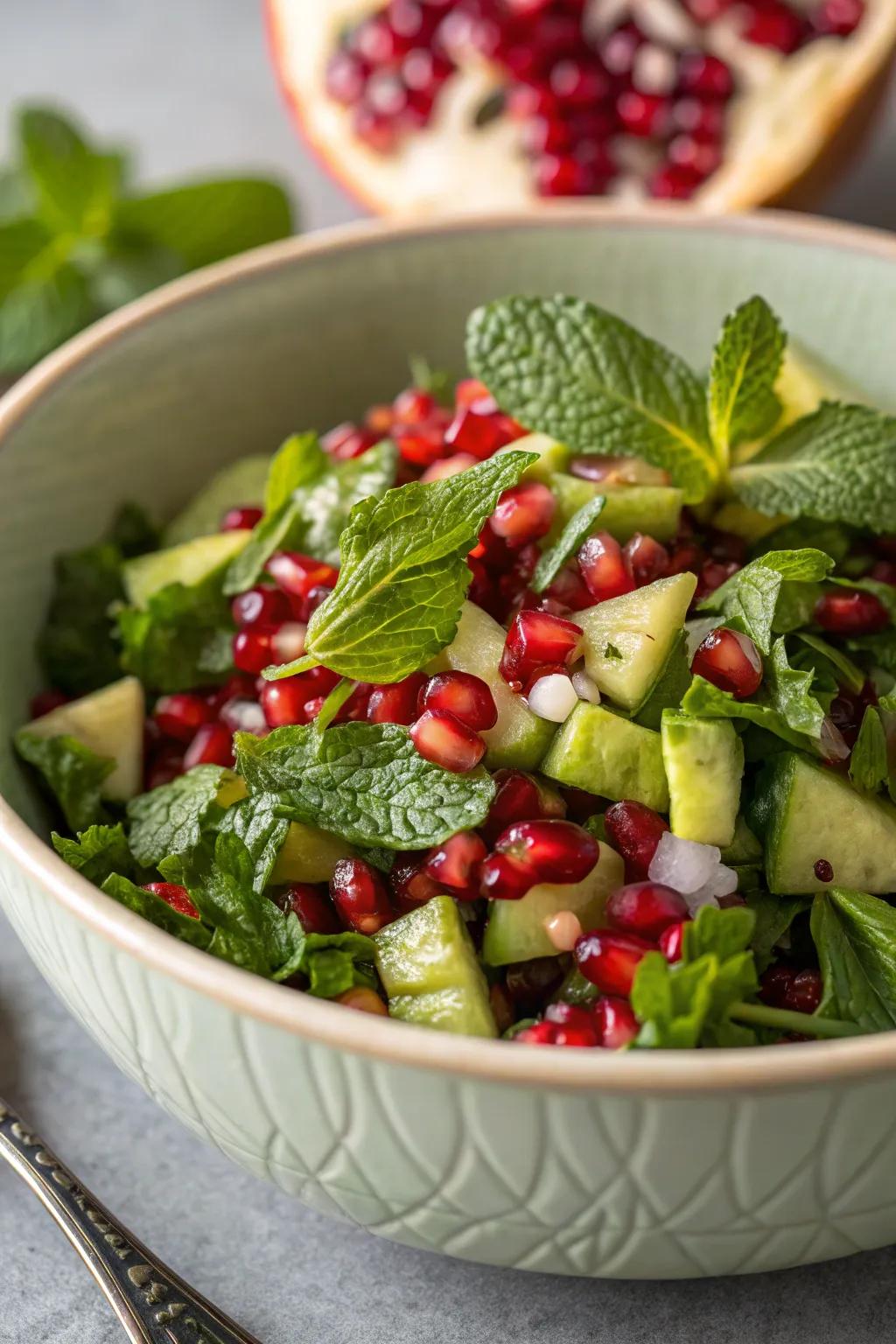 Mint and seeded fruit medley, infusing freshness and color to your meal.