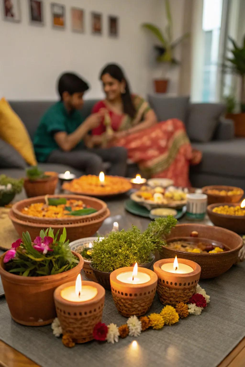Small plant holders add a touch of nature and refresh the Diwali table.