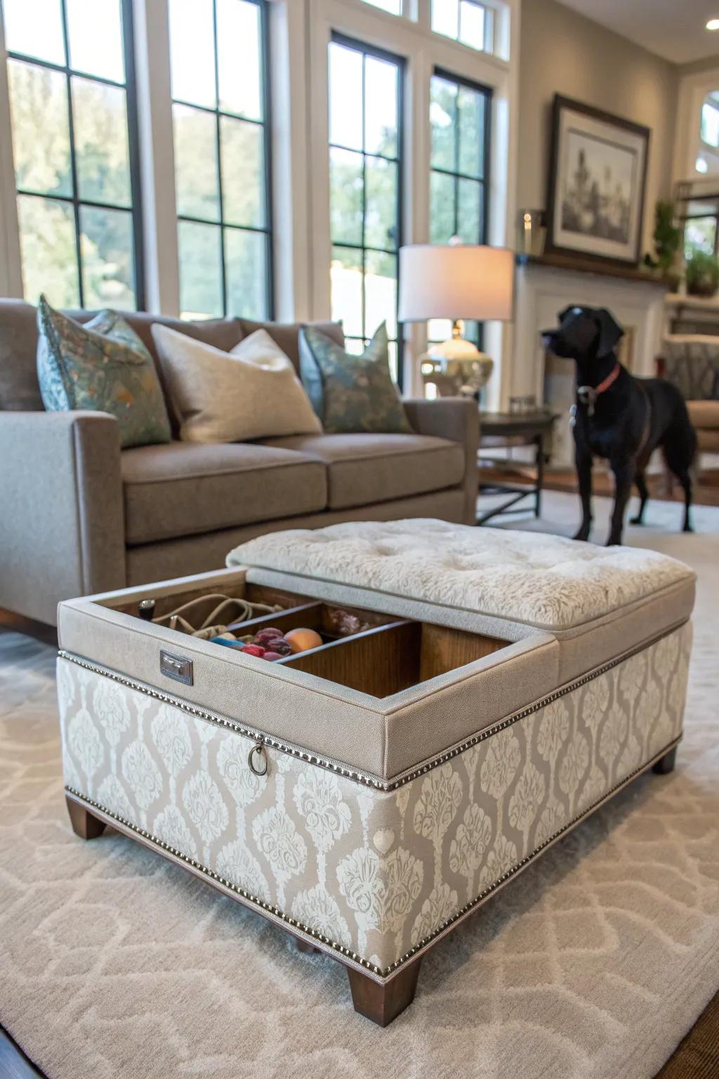 Keep it sleek with hidden leash storage.