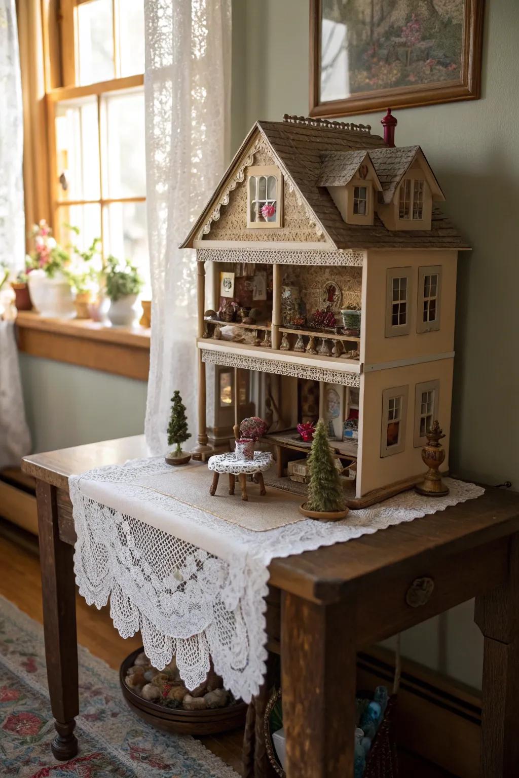 A vintage console contributes persona to dollhouse displays.