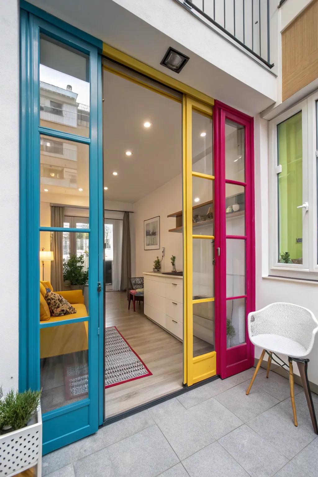 Colored glass doors bring a playful pop of color to this vibrant studio apartment.