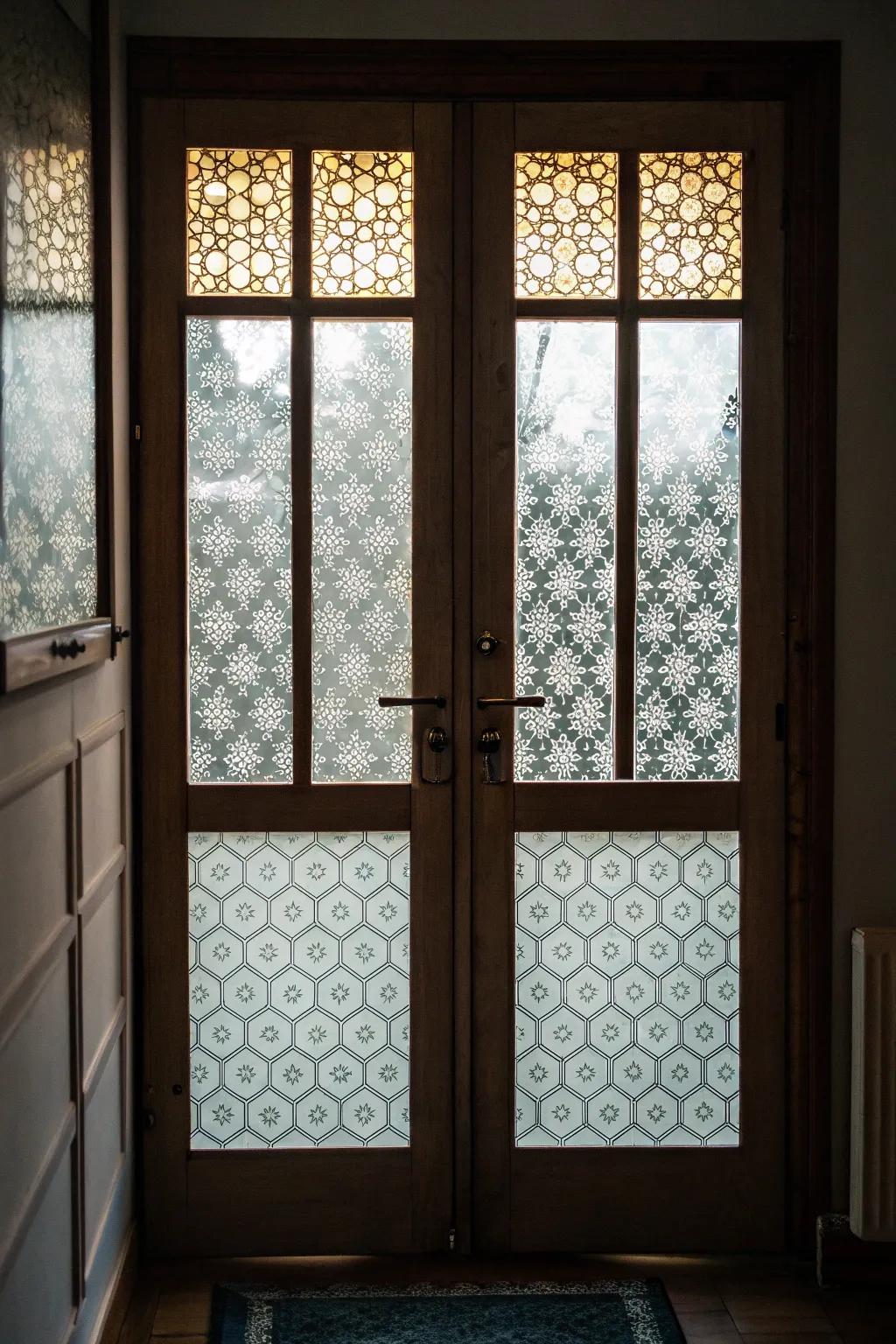 Patterned crystals add style and seclusion to door windows without lasting alterations.