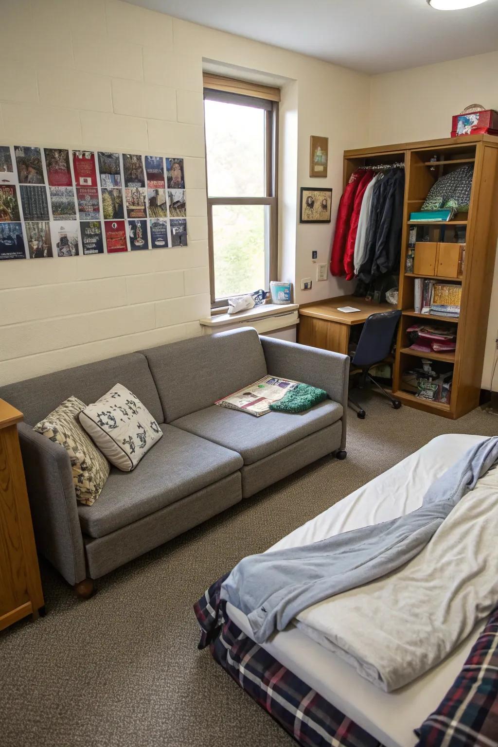 A folding sofa adds practicality to this adaptable dorm room setup.