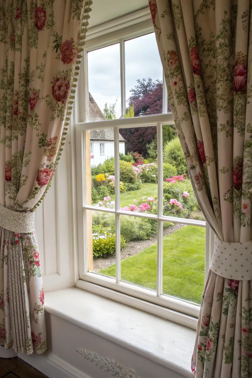Decorative fasteners add flair and function to these cottage-style double curtains.