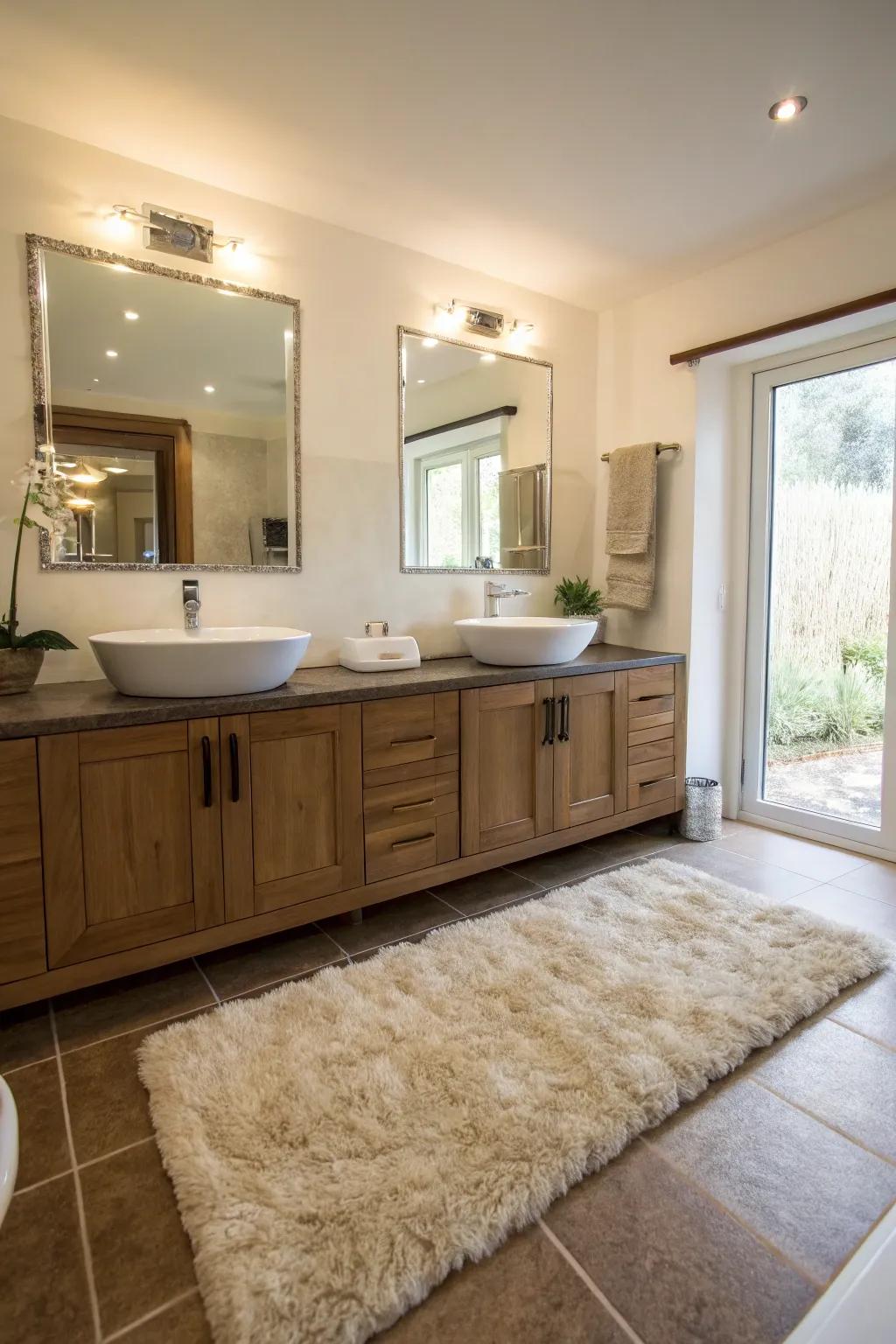 A plush mat adds warmth and comfort to this bathroom with double sinks.