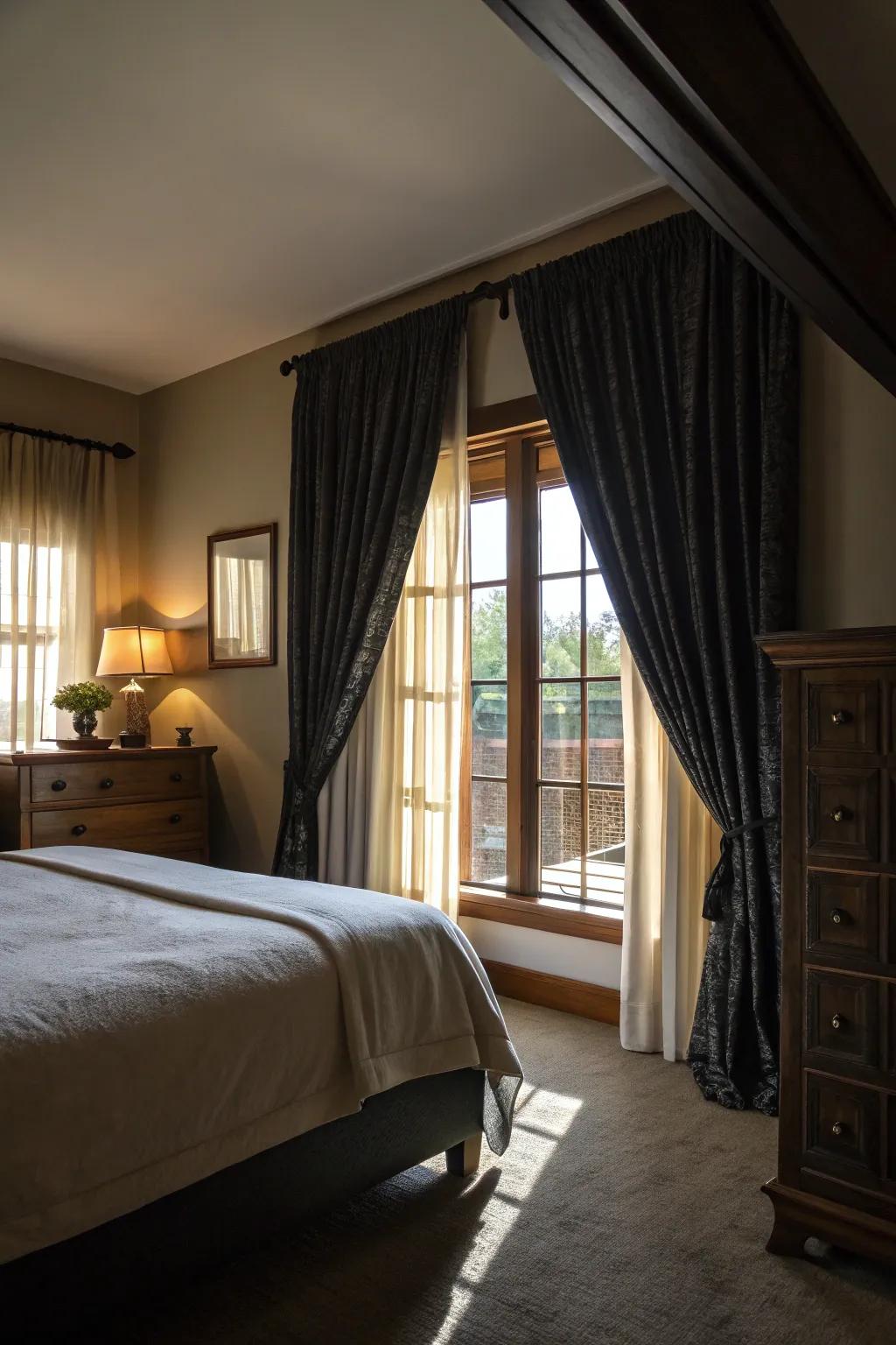 Weighty drapes enhance coziness and enrich striking flair.