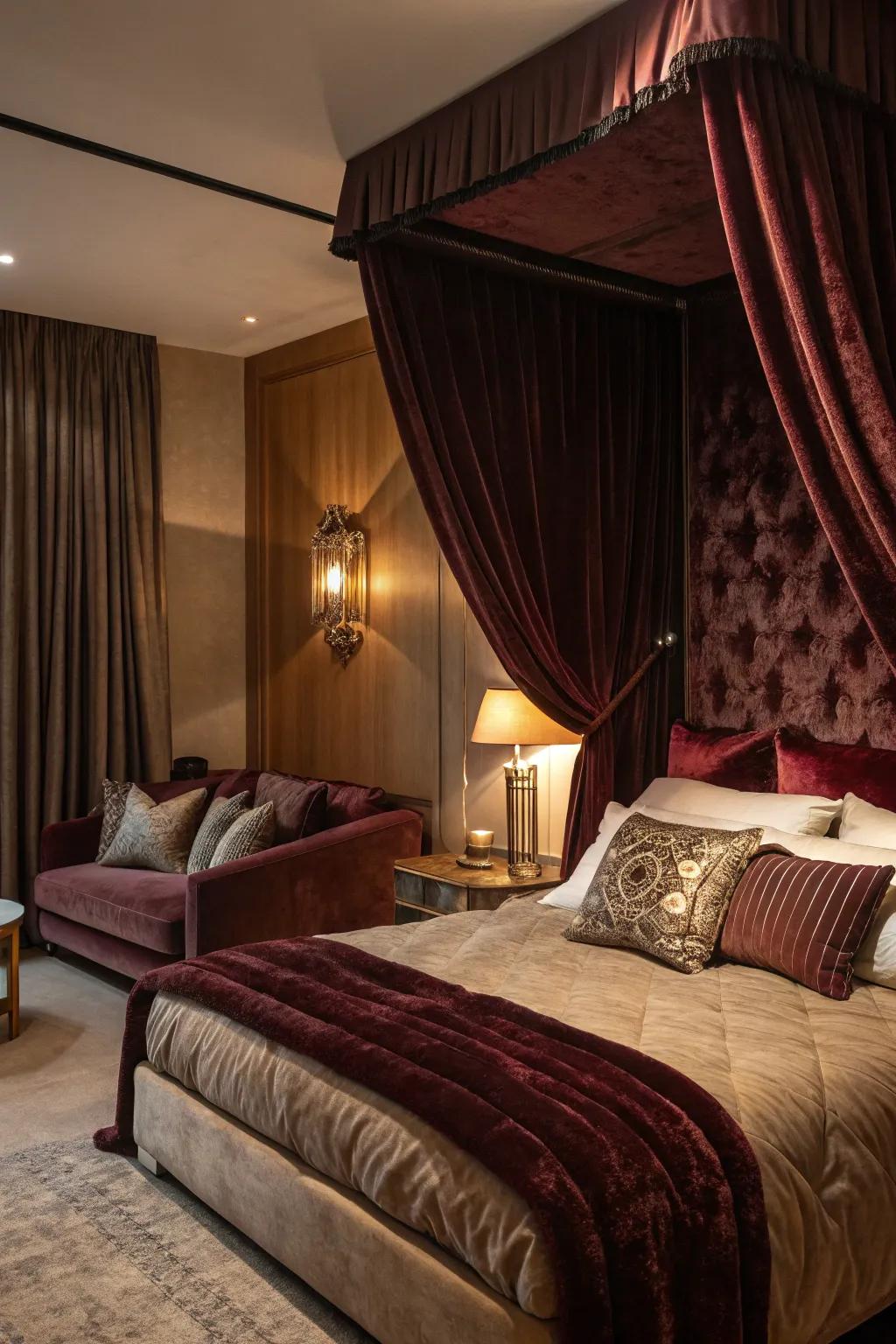 A bedroom featuring soft fabric drapes and cushions providing a touch of luxury.