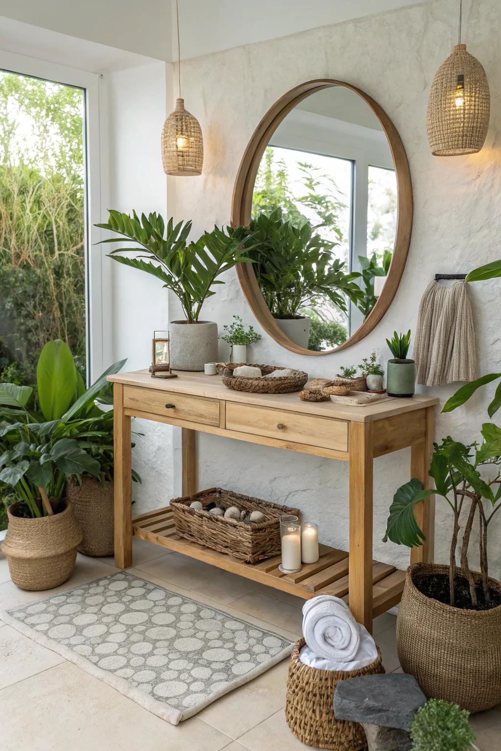 Create a calming oasis with nature-inspired design elements.