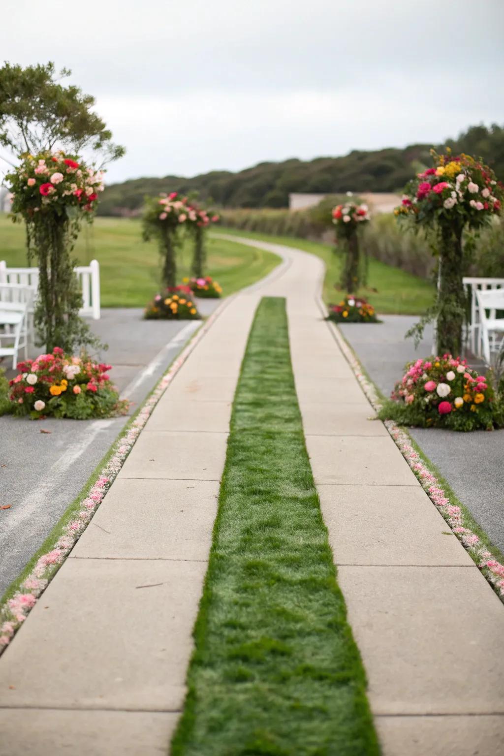 A ribbon driveway injects color and character through its central strip.