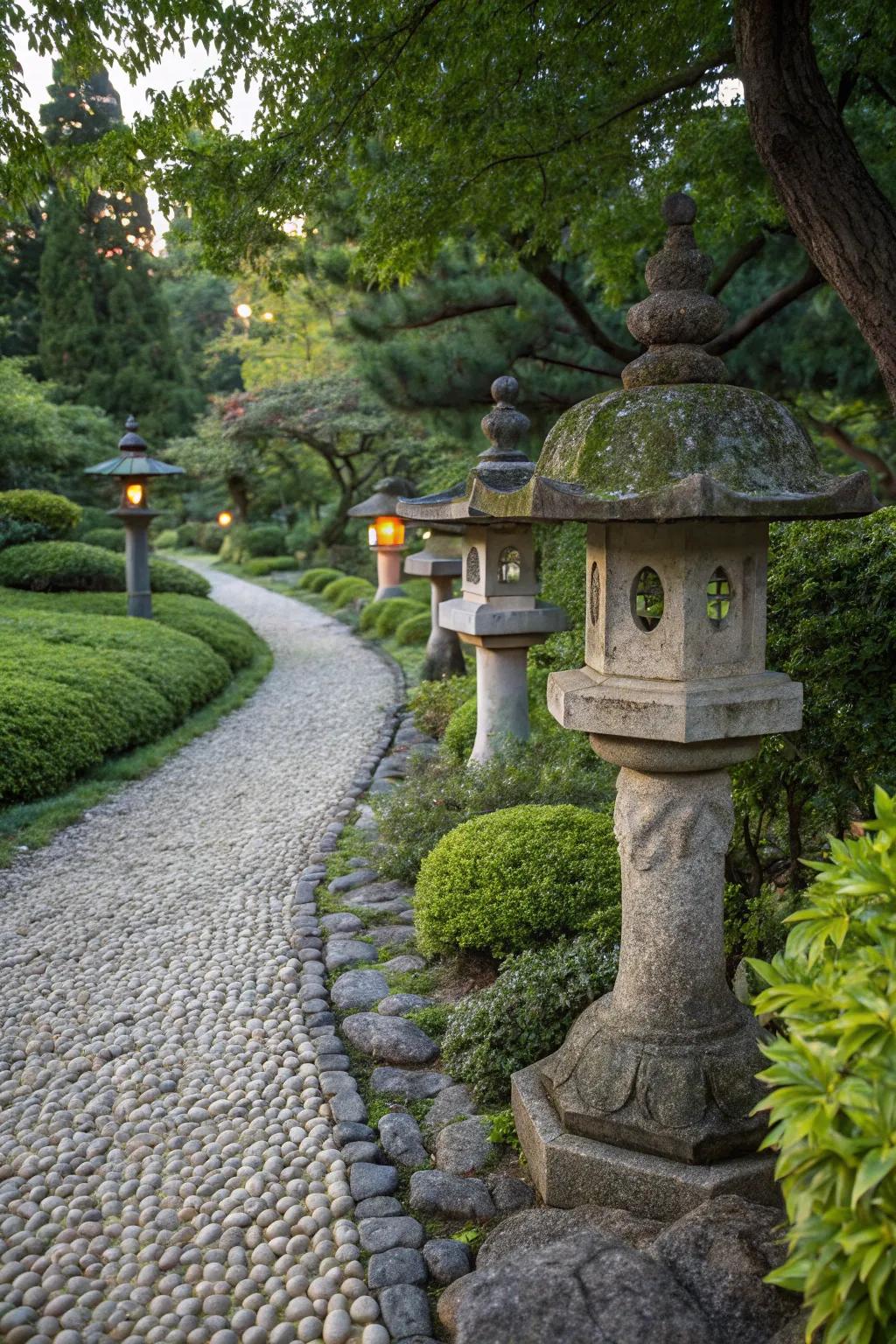 An enchanting pebble route featuring stone lanterns.