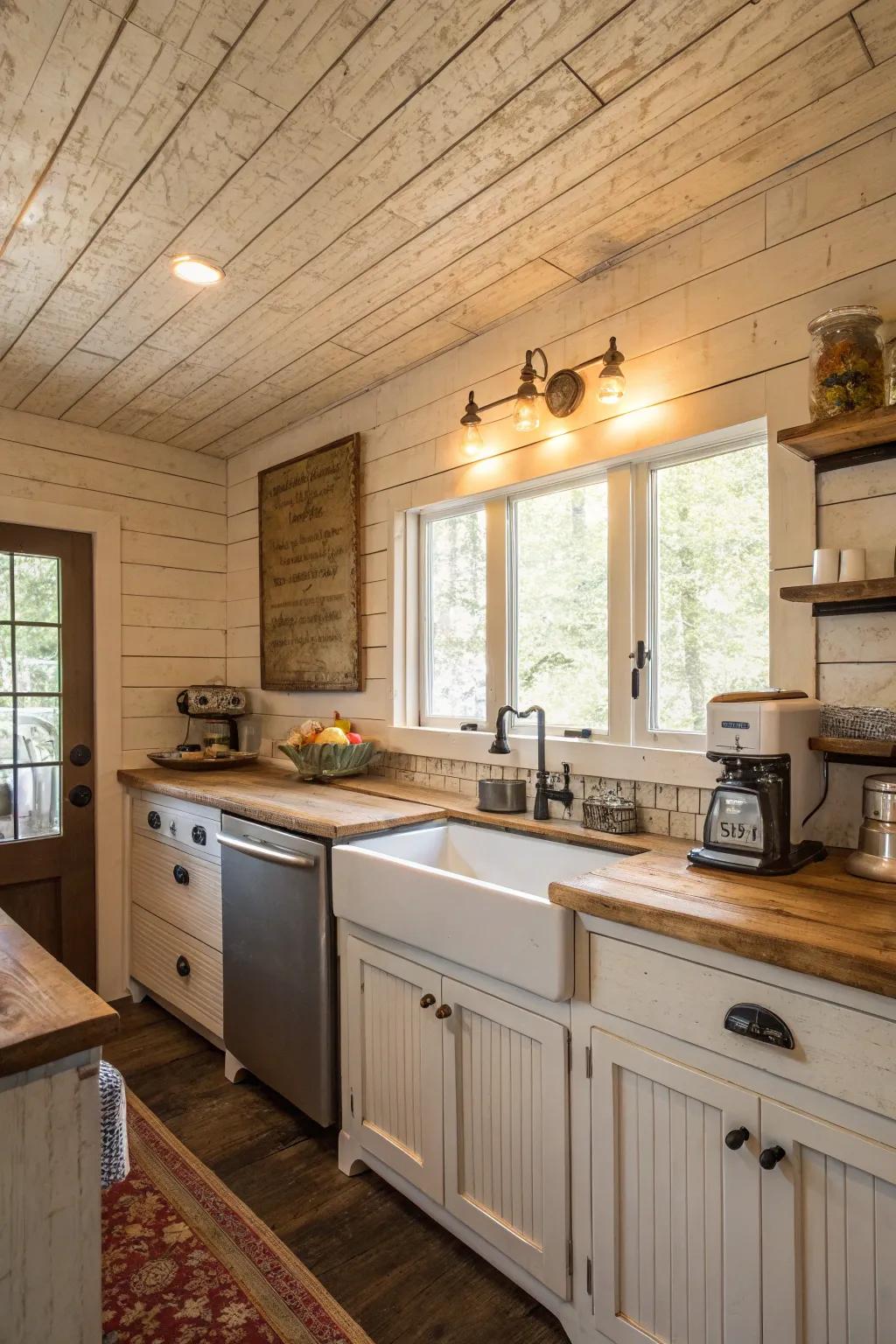 Farm house charm with shiplap ceiling boards.