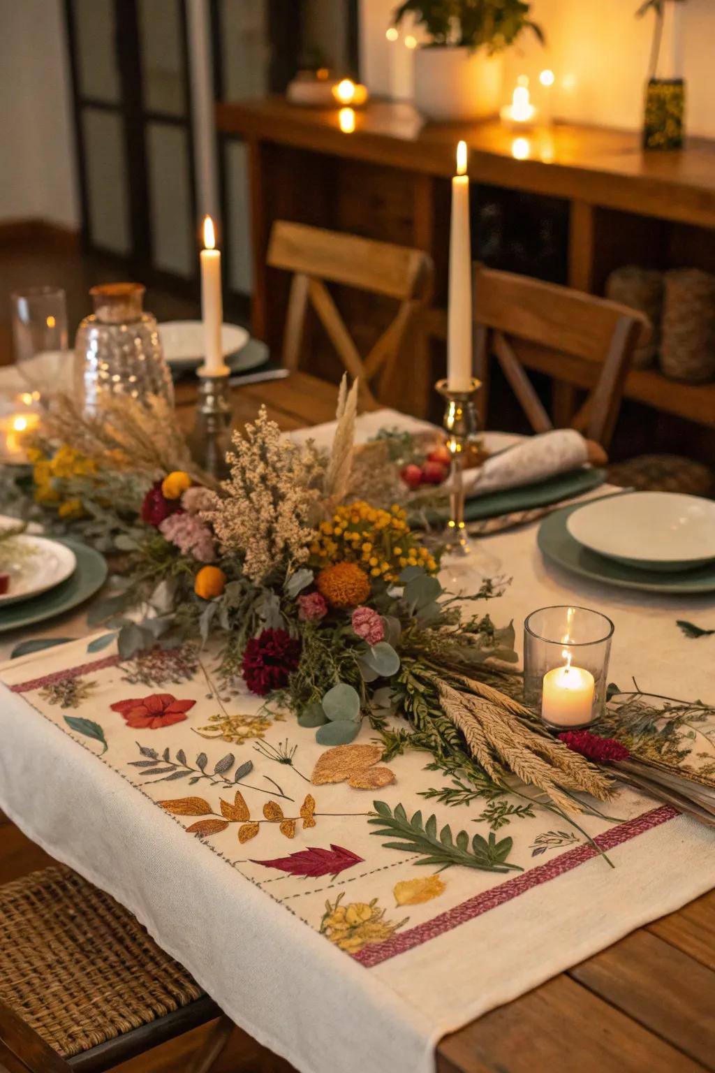 A vibrant table runner crafted from preserved botanicals.