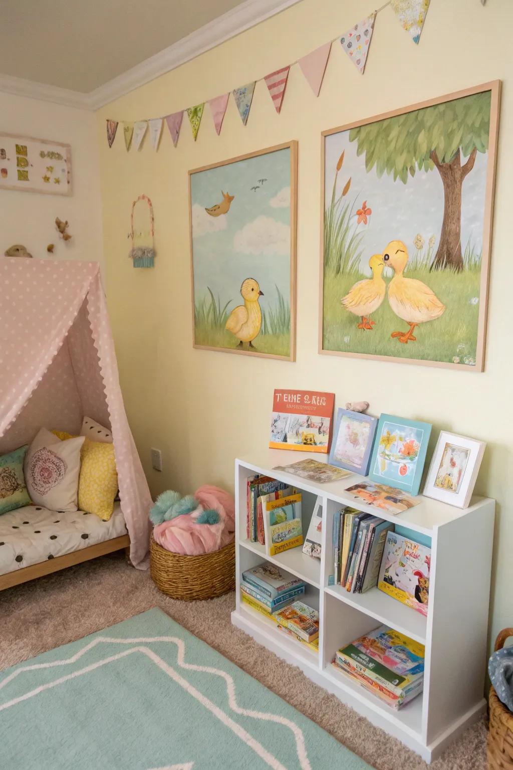 Bedtime story ducklings create a whimsical, storybook atmosphere.